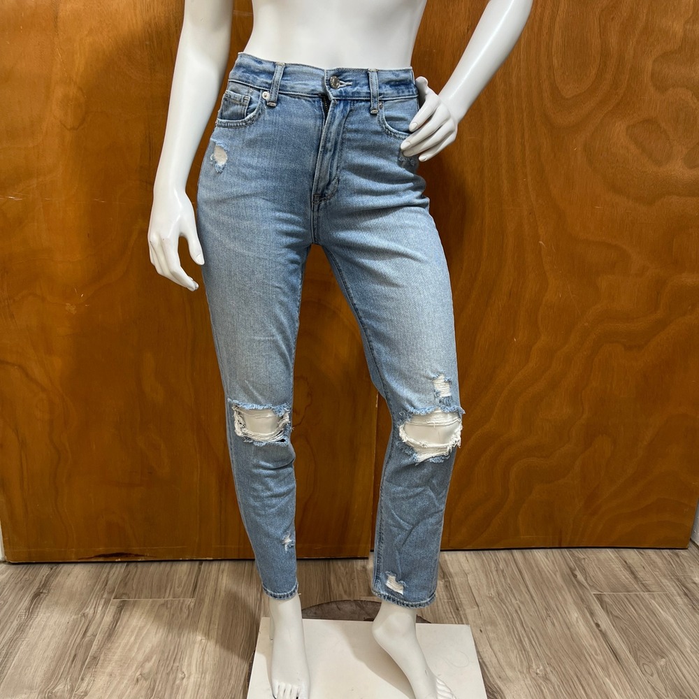 American Eagle Mom Jeans Womens 0 Blue Distressed High Rise Straight Denim